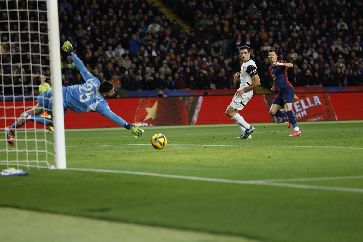 Robert Lewandowski của Barcelona, phải, ghi bàn thắng thứ sáu cho đội bóng của anh ấy qua thủ môn Giorgi Mamardashvili của Valencia trong trận đấu La Liga tại Sân vận động Olympic Lluis Companys ở Barcelona, Tây Ban Nha. Robert Lewandowski của Barcelona, phải, ghi bàn thắng thứ sáu cho đội bóng của anh ấy qua thủ môn Giorgi Mamardashvili của Valencia trong trận đấu La Liga tại Sân vận động Olympic Lluis Companys ở Barcelona, Tây Ban Nha.