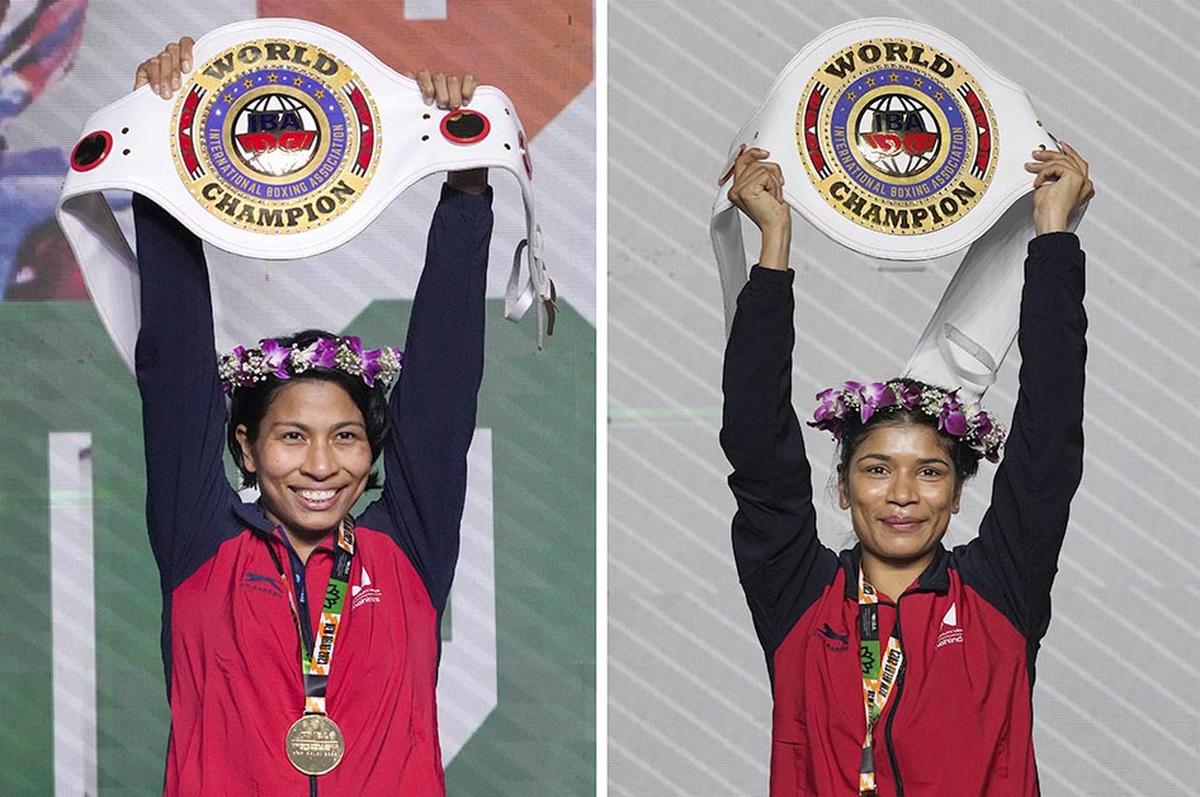Lovlina Borgohain (L) và Nikhat Zareen đặt ra huy chương của họ trong lễ trao giải, tại Giải vô địch thế giới quyền anh nữ IBA năm 2023, tại New Delhi, Chủ nhật. Lovlina Borgohain (L) và Nikhat Zareen đặt ra huy chương của họ trong lễ trao giải, tại Giải vô địch thế giới quyền anh nữ IBA năm 2023, tại New Delhi, Chủ nhật.